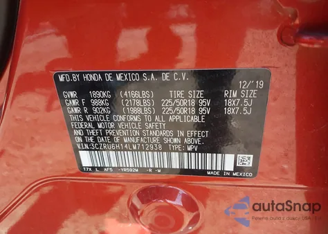 2020 Honda Hr-V Awd Sport from USA, damaged, VIN 3CZRU6H14LM712938